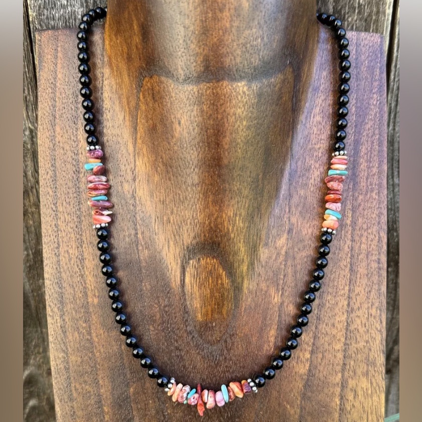 Southwestern 925 Sterling Silver Black Onyx Multi Stone Bead Necklace 18 Inch